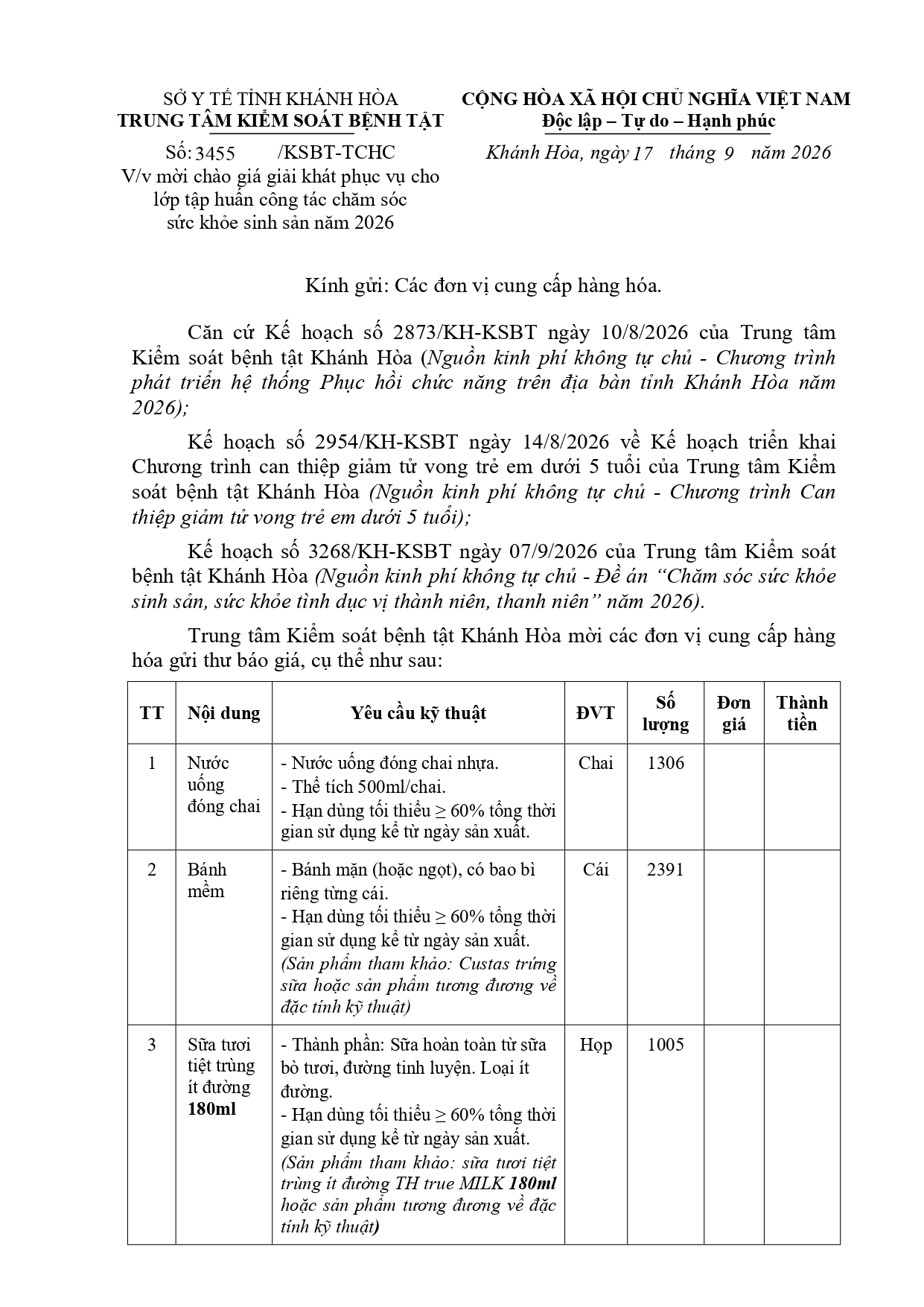 V/v mời chào giá giải khát phục vụ cho lớp tập huấn công tác chăm sóc sức khỏe sinh sản năm 2026
